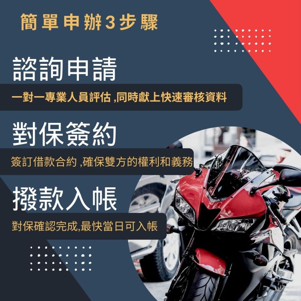 台北借錢-鑫裕代書-汽機車貸簡單申辦3步驟,諮詢申請-對保簽約-撥款入帳